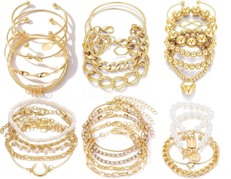 IFKM 6 PACK (24 PCS) Boho Gold Chain Bracelets Set for Women, 14K Gold Plated Multiple Layered Stackable Open Cuff Wrap Bangle Adjustable Link Italian Cuban Jewelry for Women Gift - Image 1